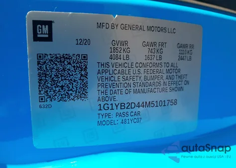 2021 Chevrolet Corvette Stingray Rwd 2Lt из США, поврежденный, VIN 1G1YB2D44M5101758